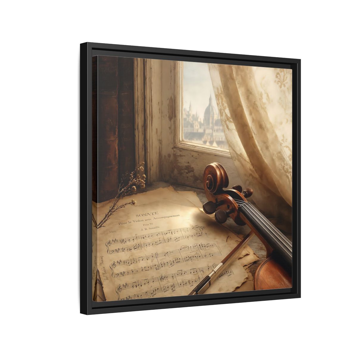 Side Mockup 12. Sunlit Violin By Window shown as framed canvas print