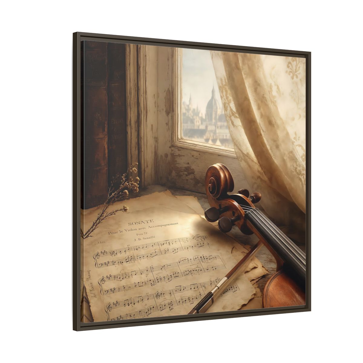 Side Mockup 5. Sunlit Violin By Window shown as framed canvas print