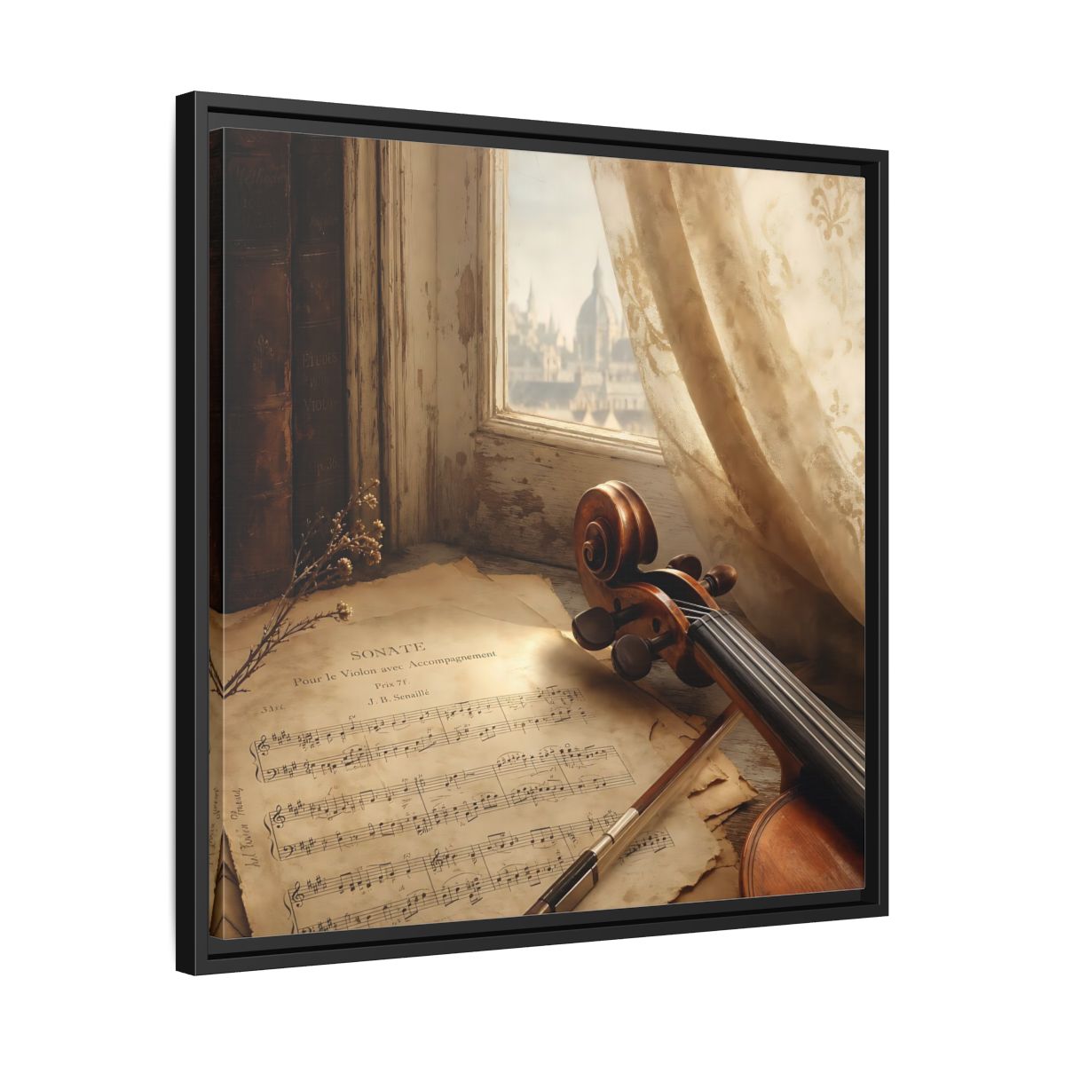 Side Mockup 31. Sunlit Violin By Window shown as framed canvas print