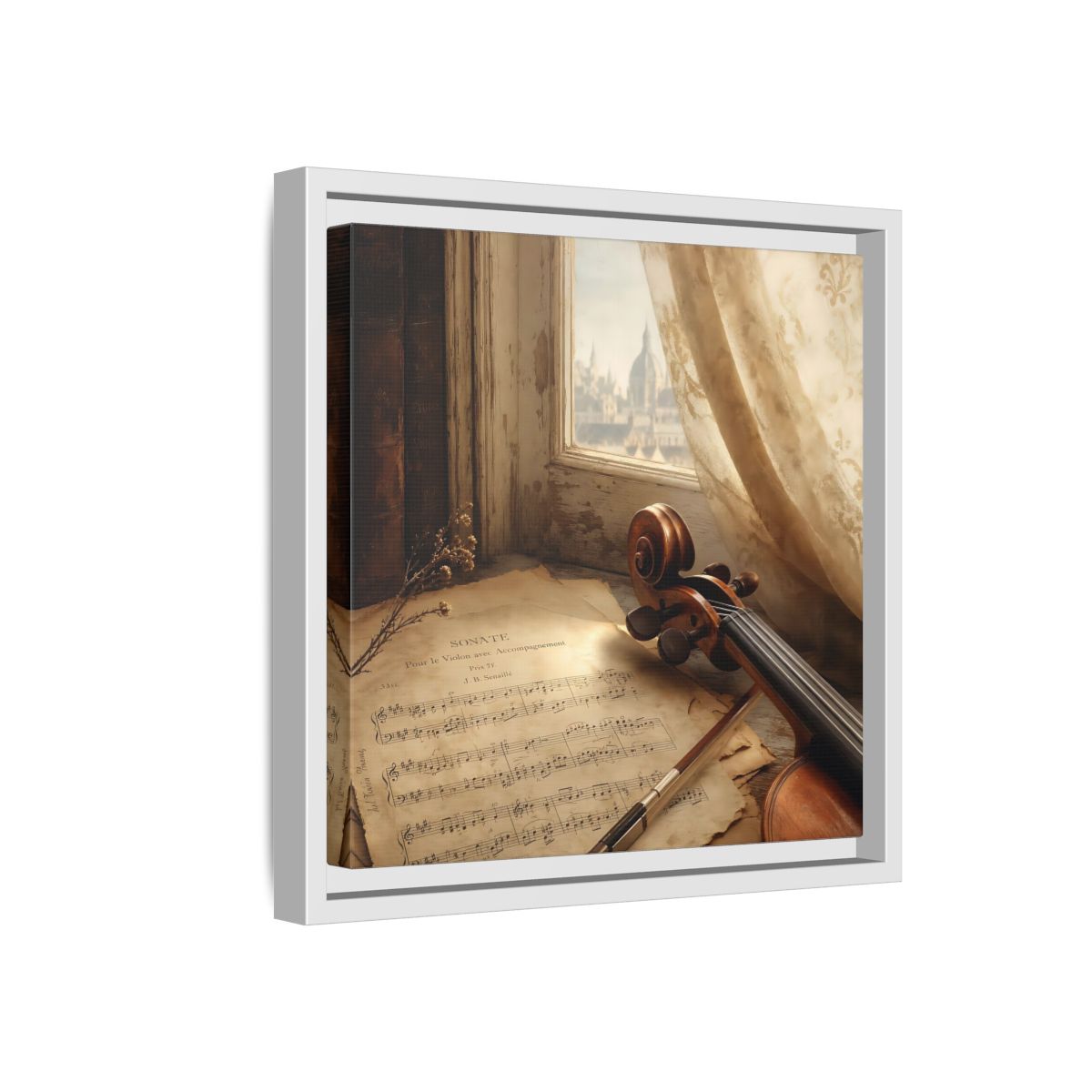 Side Mockup 16. Sunlit Violin By Window shown as framed canvas print