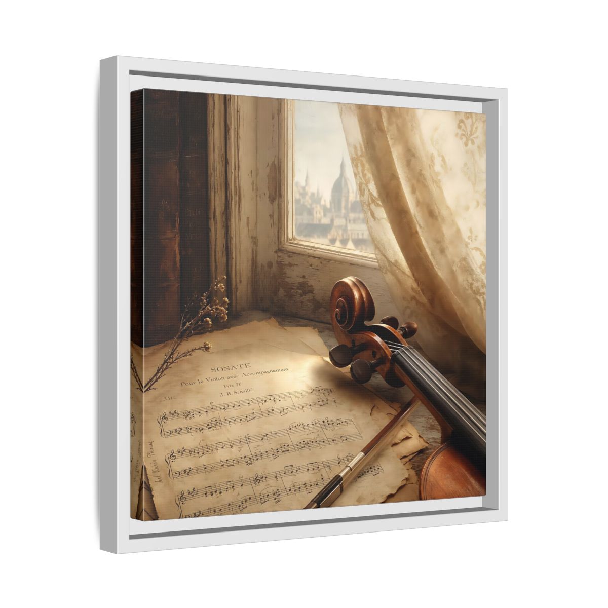 Side Mockup 28. Sunlit Violin By Window shown as framed canvas print