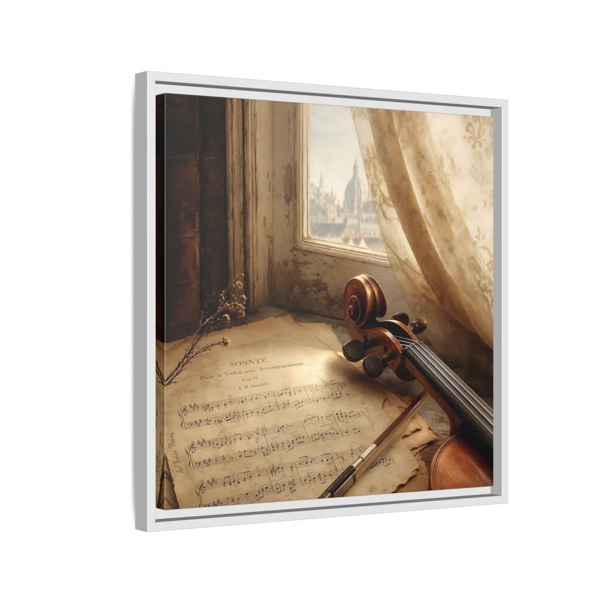 Side Mockup 10. Sunlit Violin By Window shown as framed canvas print