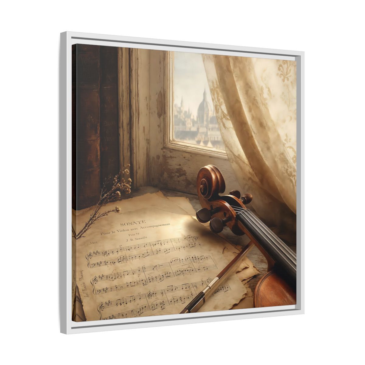 Side Mockup 26. Sunlit Violin By Window shown as framed canvas print