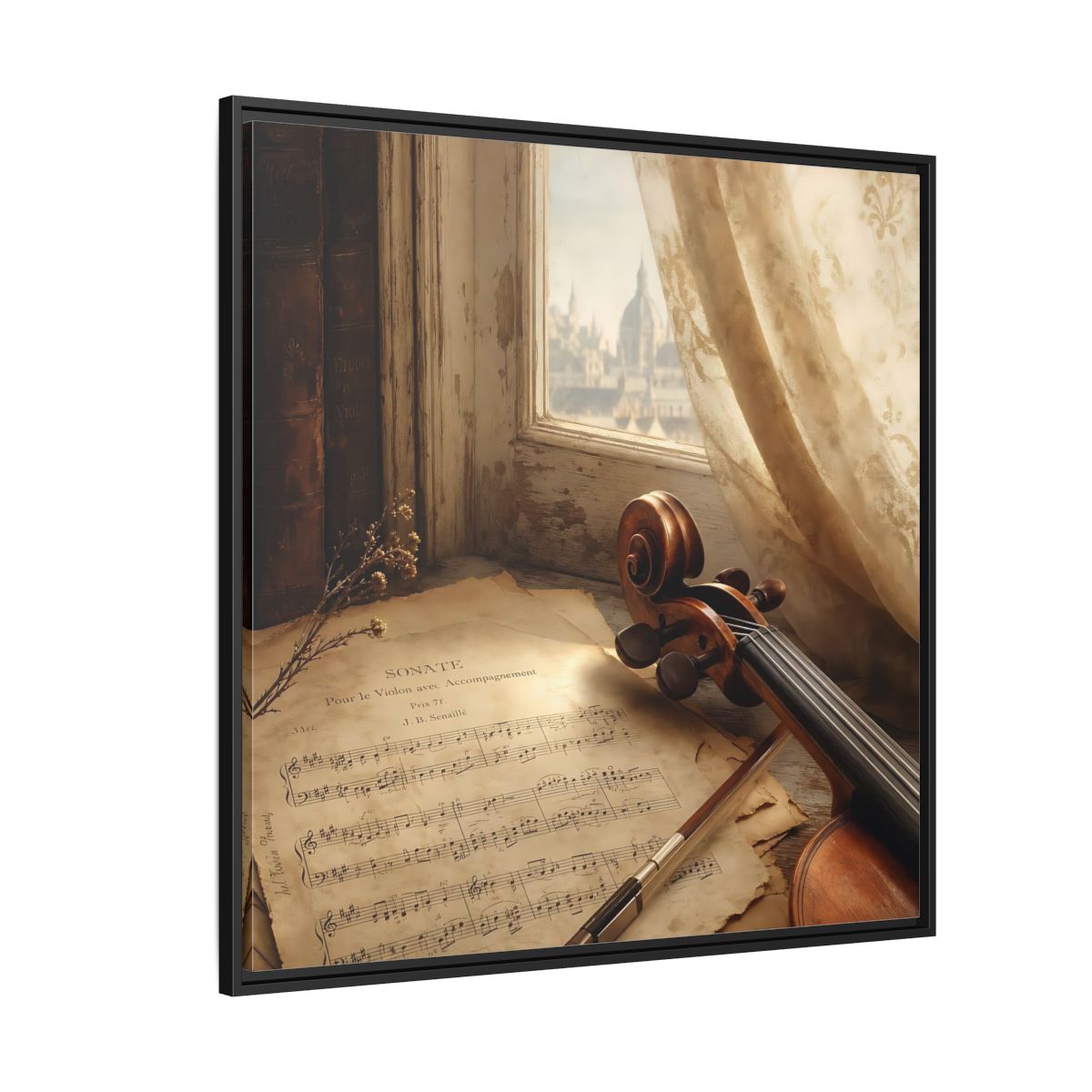 Side Mockup 6. Sunlit Violin By Window shown as framed canvas print