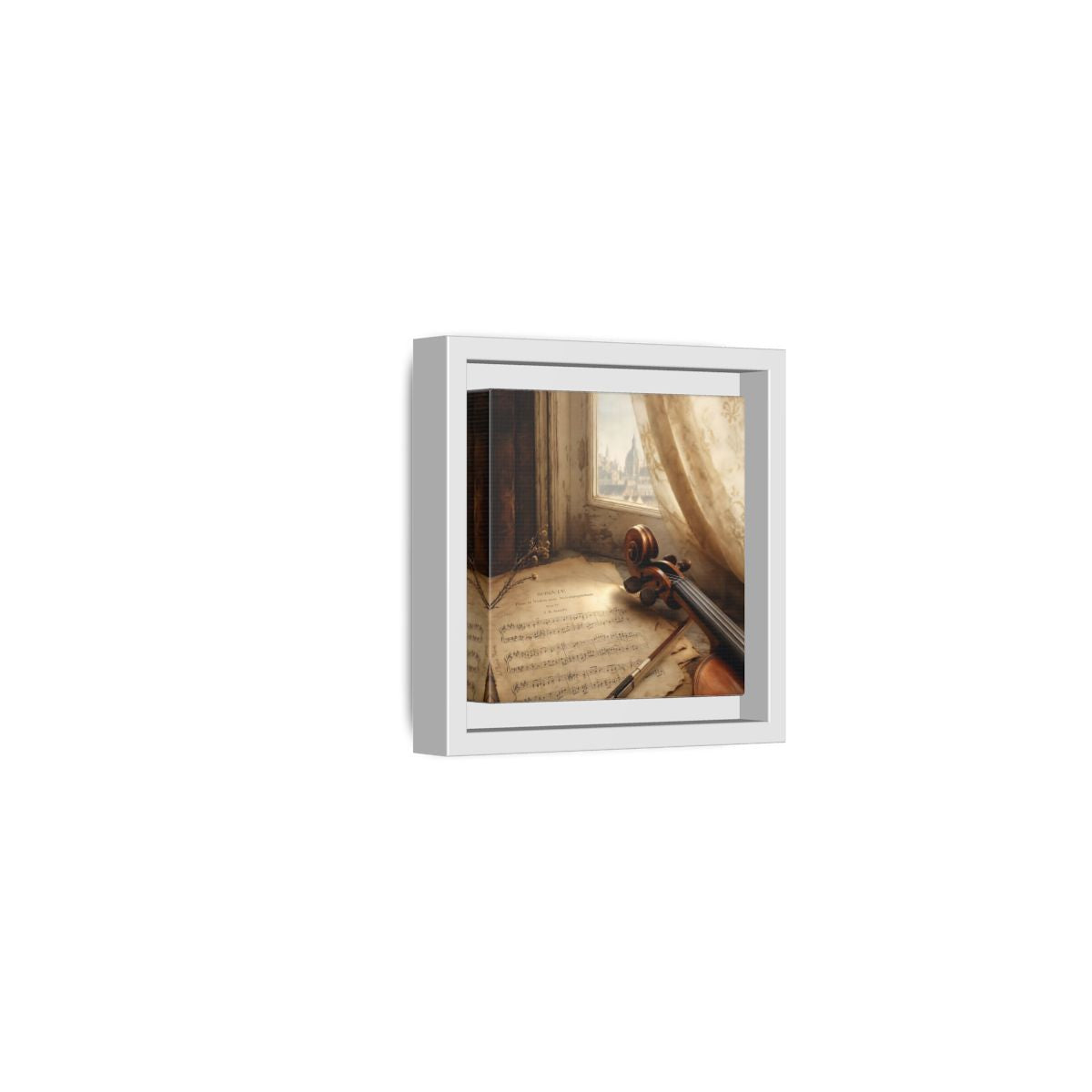 Side Mockup 22. Sunlit Violin By Window shown as framed canvas print
