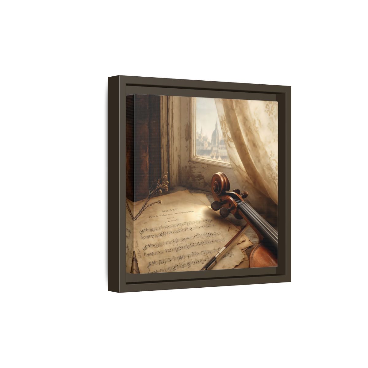 Side Mockup 20. Sunlit Violin By Window shown as framed canvas print