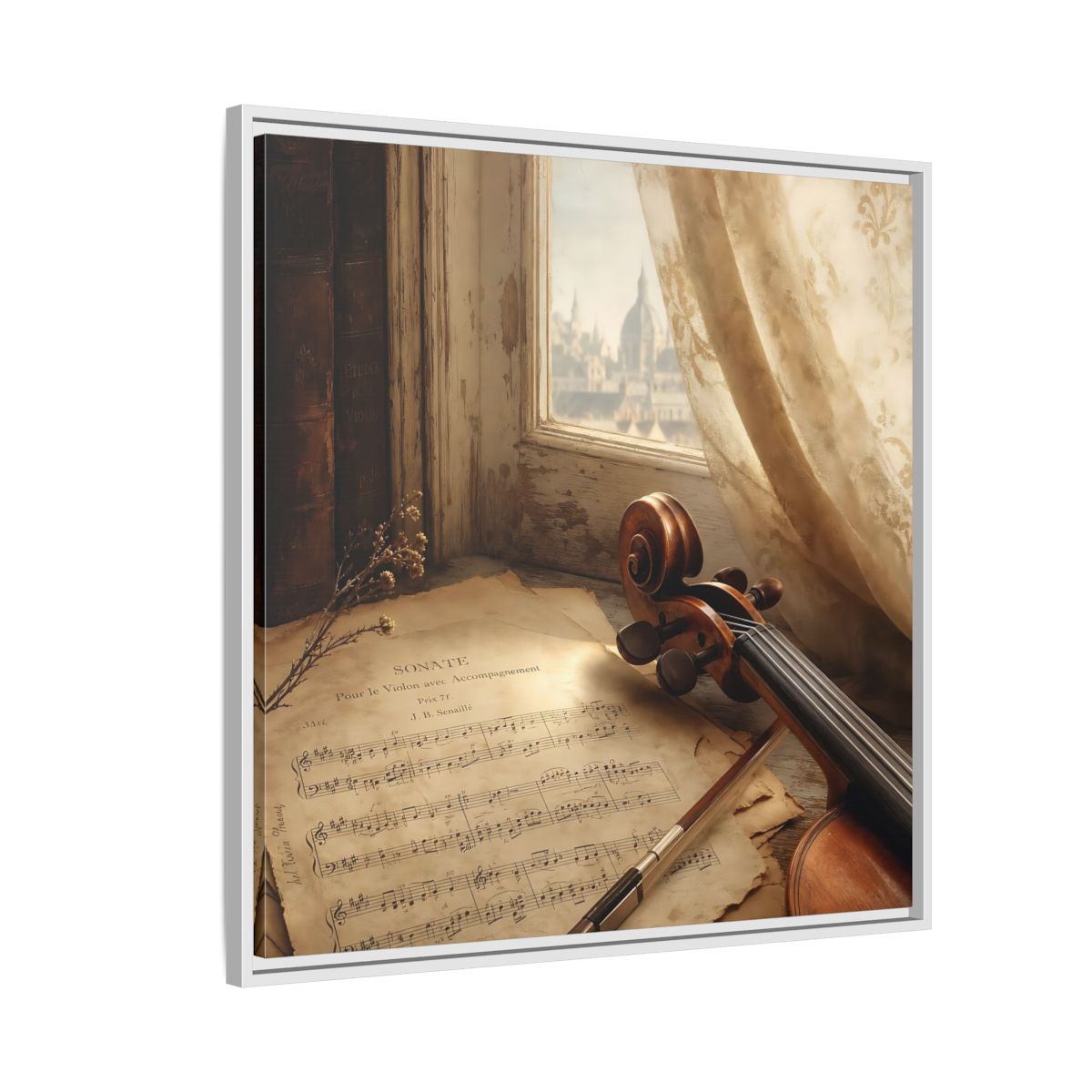 Side Mockup 7. Sunlit Violin By Window shown as framed canvas print