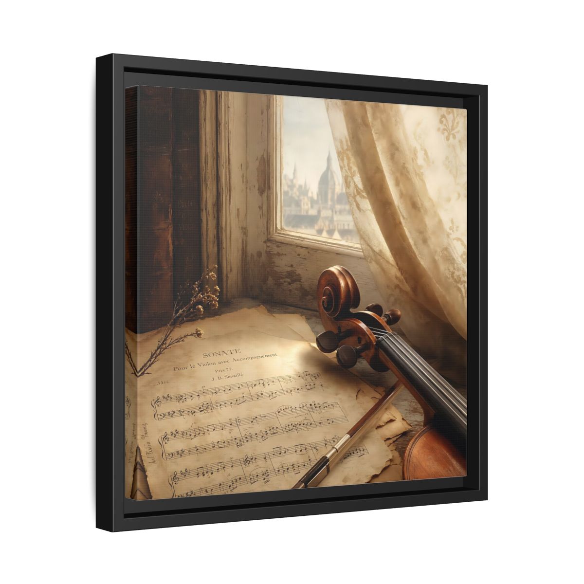 Side Mockup 32. Sunlit Violin By Window shown as framed canvas print