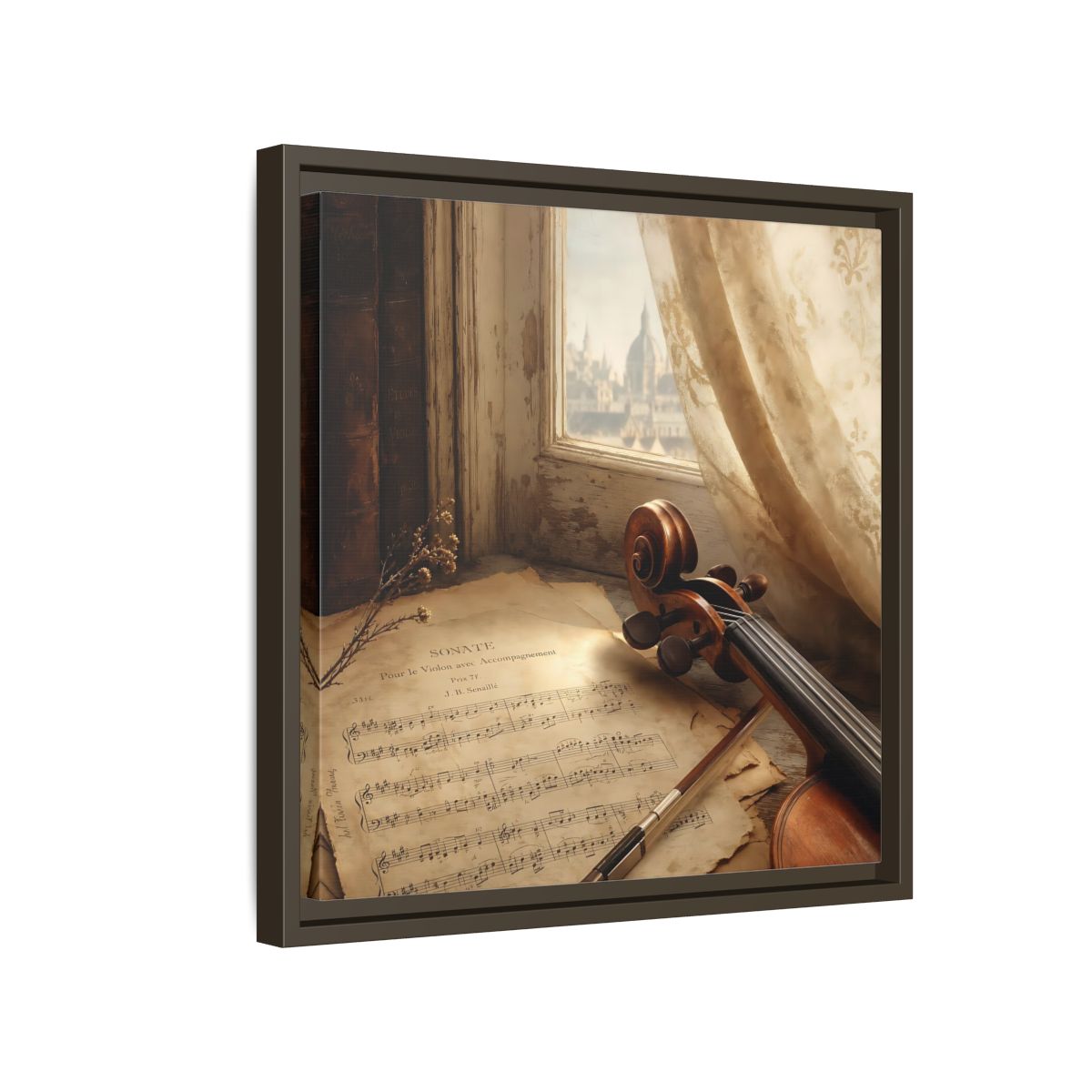 Side Mockup 14. Sunlit Violin By Window shown as framed canvas print