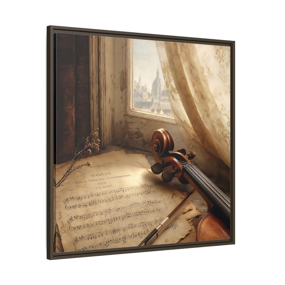 Main Mockup. Sunlit Violin By Window shown as framed canvas print
