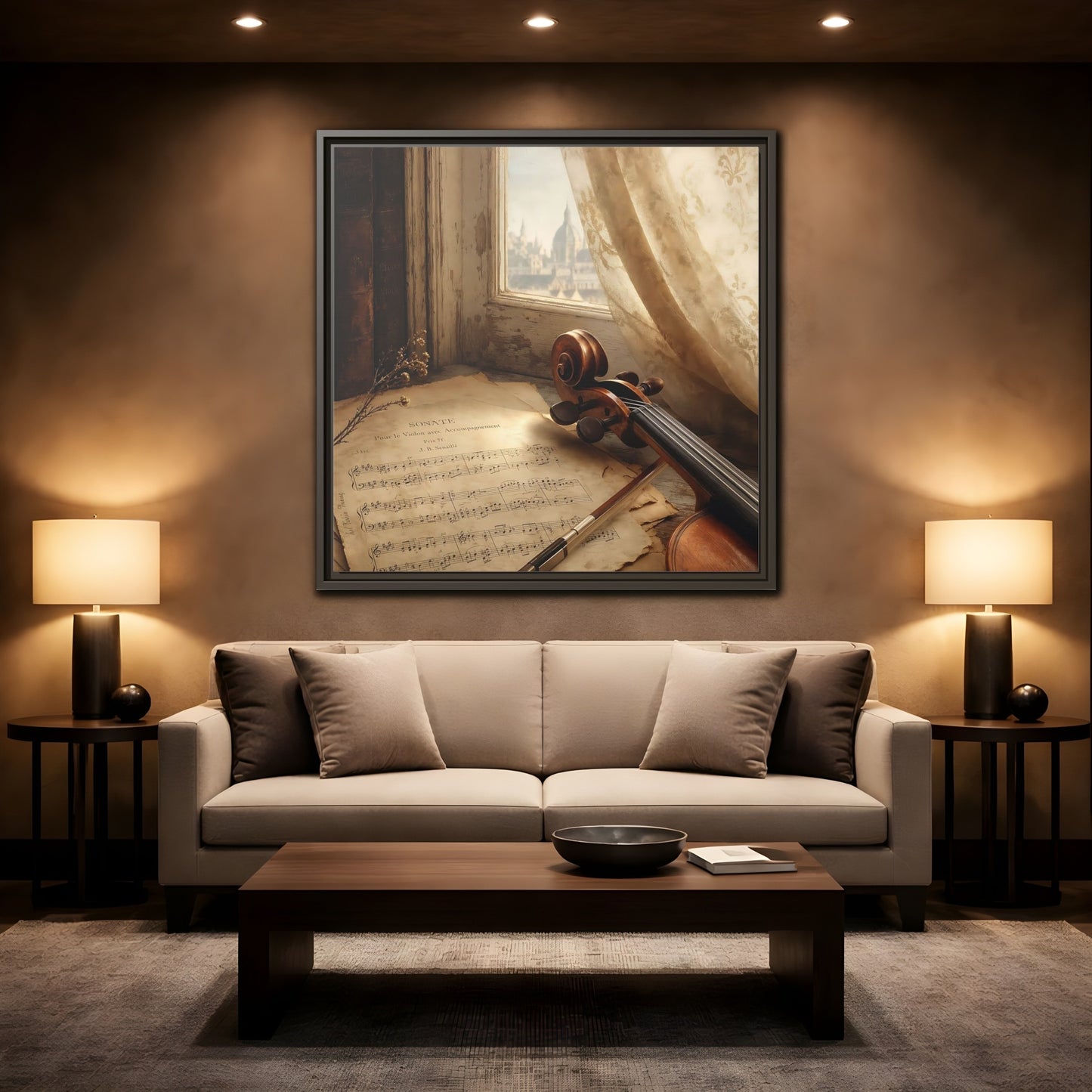 Mockup 2. Sunlit Violin By Window shown as framed canvas print