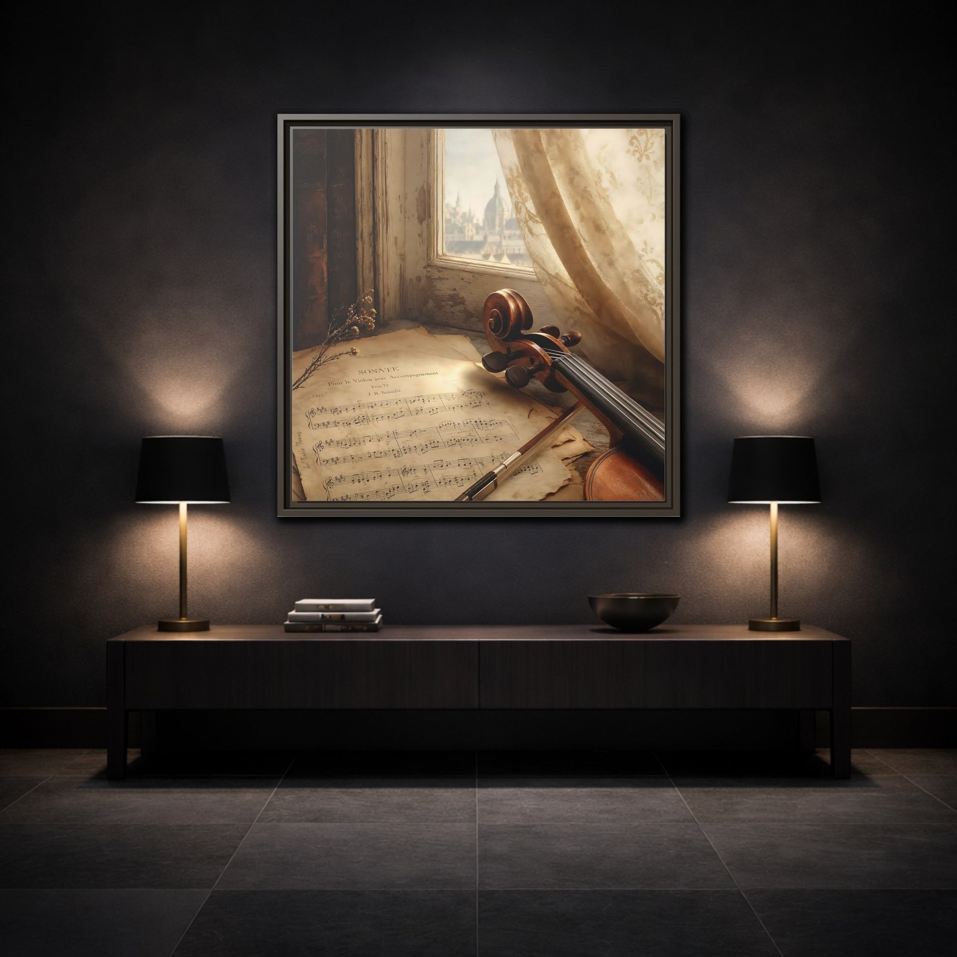 Mockup 3. Sunlit Violin By Window shown as framed canvas print