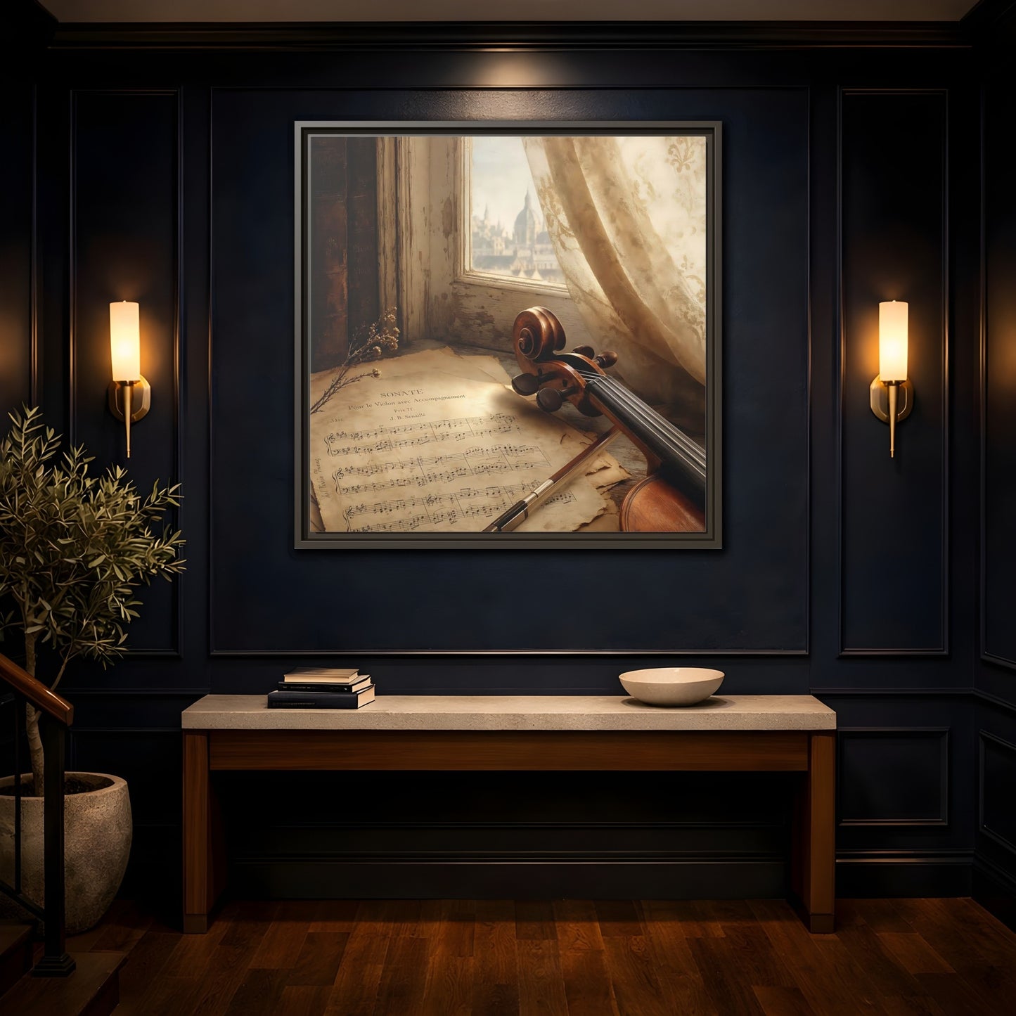 Mockup 4. Sunlit Violin By Window shown as framed canvas print