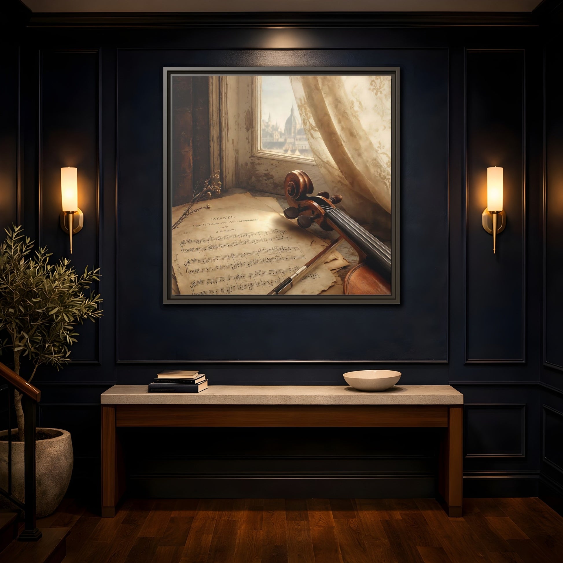 Mockup 4. Sunlit Violin By Window shown as framed canvas print