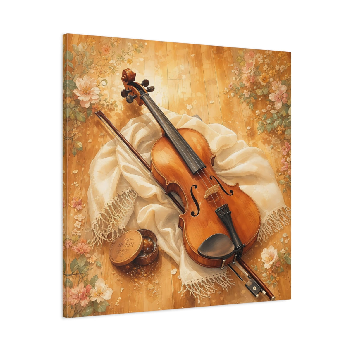 Main Mockup. Sunlit Violin With Flowers shown as canvas print