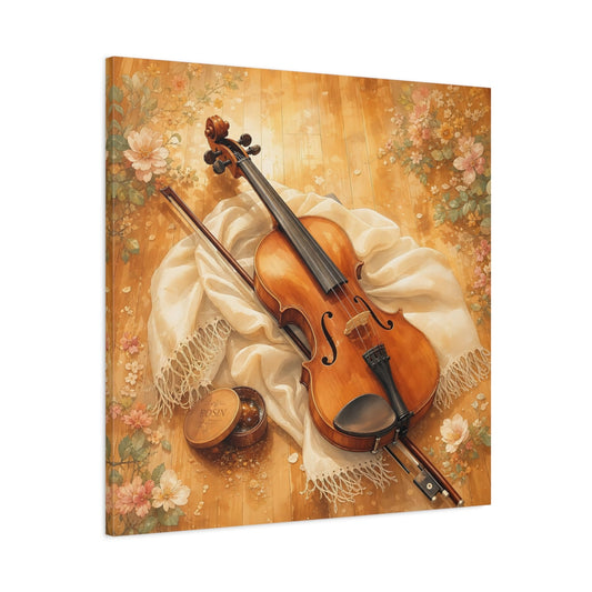 Main Mockup. Sunlit Violin With Flowers shown as canvas print