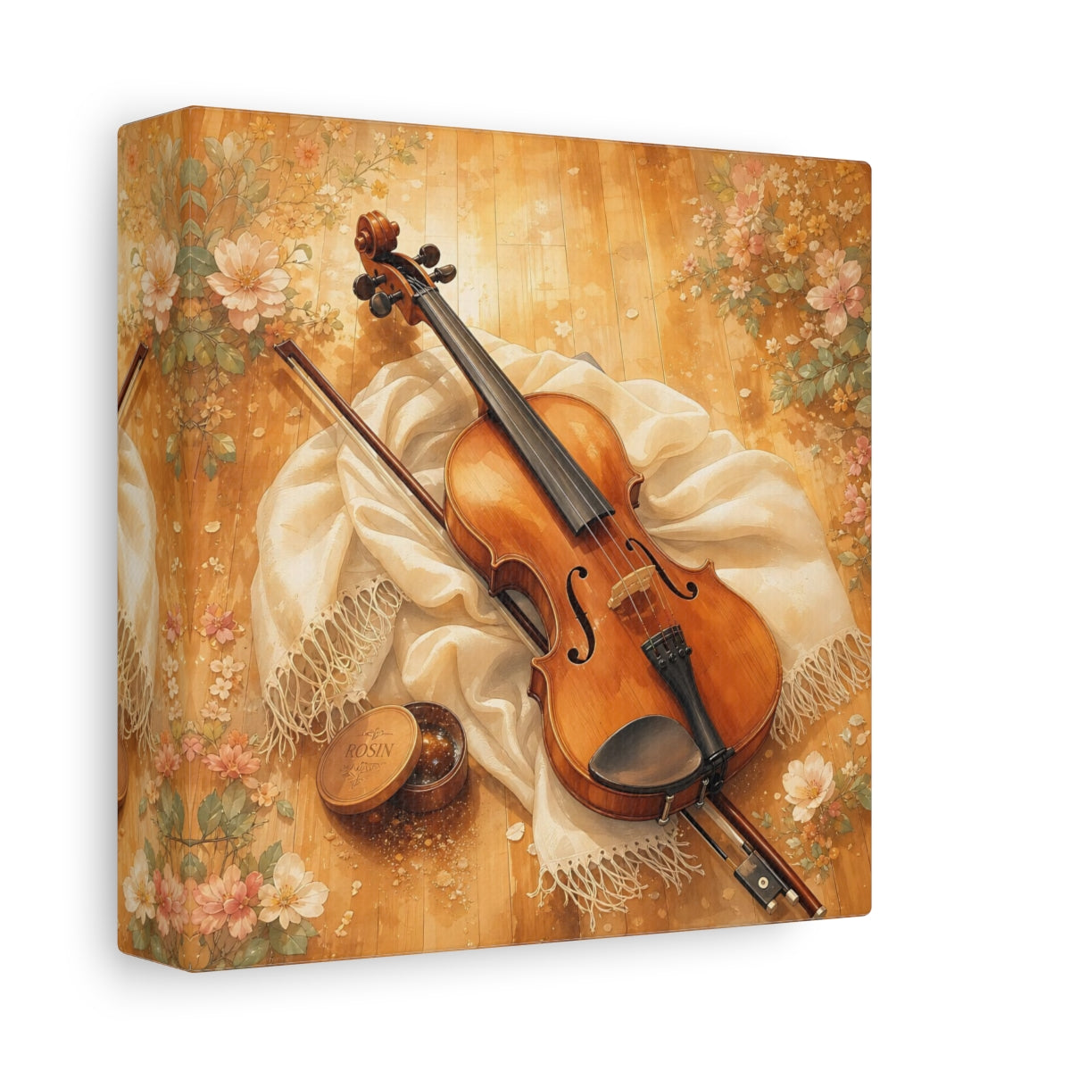 Side Mockup 2. Sunlit Violin With Flowers shown as canvas print