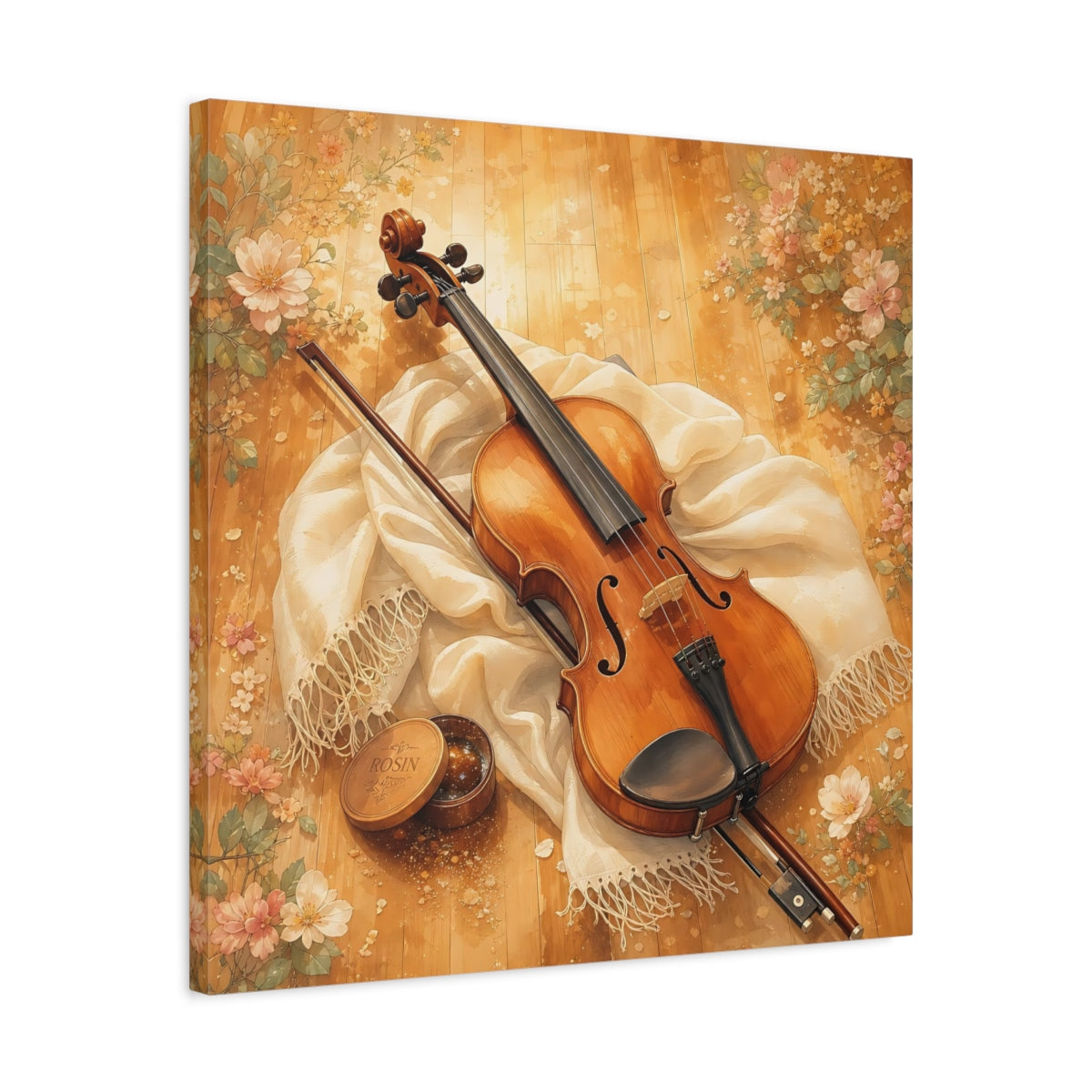Side Mockup 4. Sunlit Violin With Flowers shown as canvas print