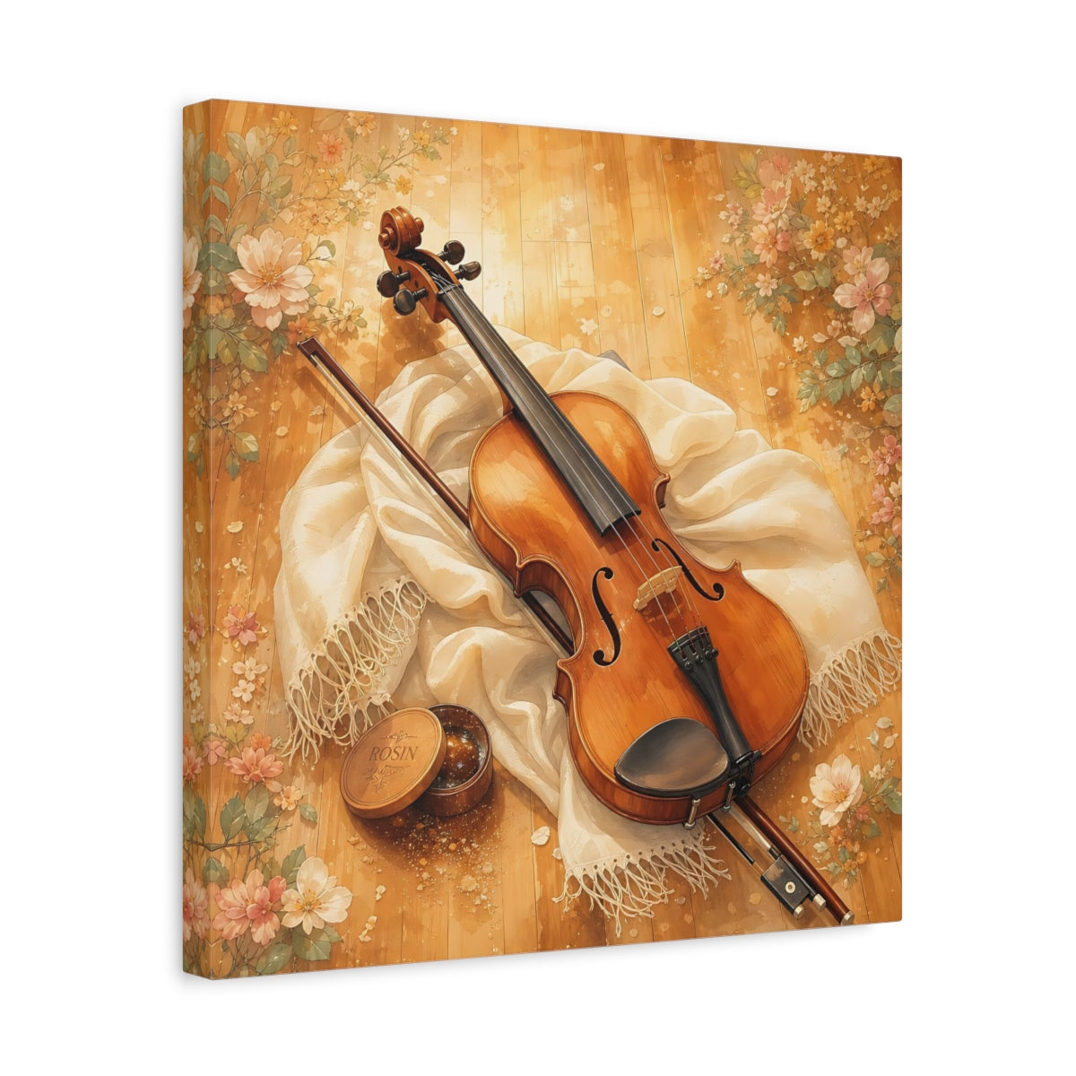 Side Mockup 6. Sunlit Violin With Flowers shown as canvas print