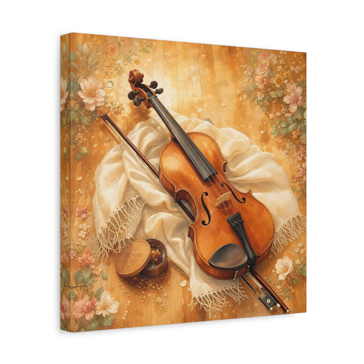 Side Mockup 7. Sunlit Violin With Flowers shown as canvas print