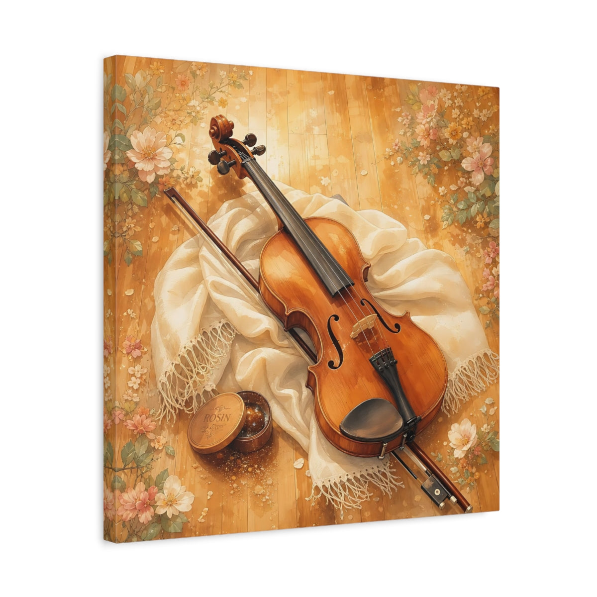 Side Mockup 5. Sunlit Violin With Flowers shown as canvas print