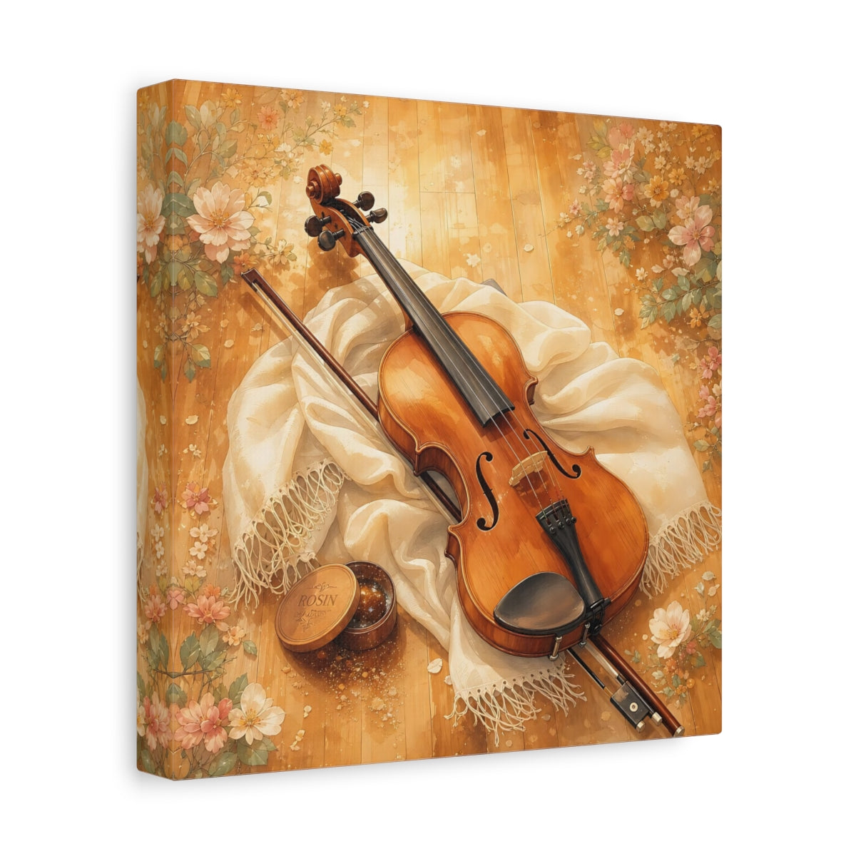 Side Mockup 9. Sunlit Violin With Flowers shown as canvas print