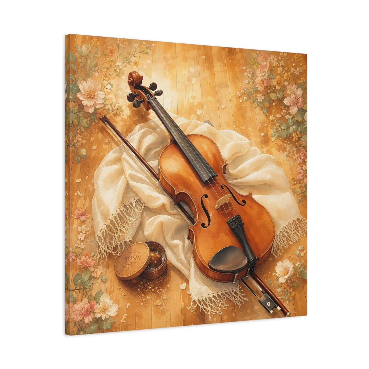 Side Mockup 3. Sunlit Violin With Flowers shown as canvas print