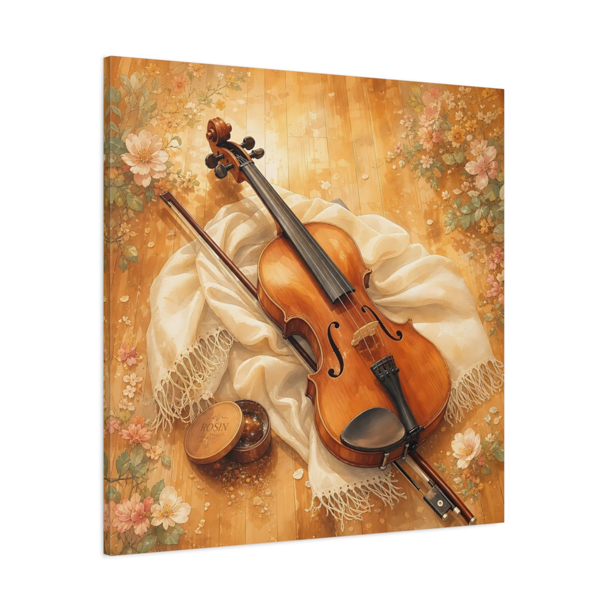 Side Mockup 1. Sunlit Violin With Flowers shown as canvas print