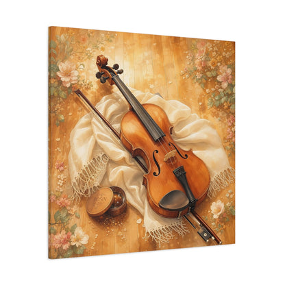 Side Mockup 1. Sunlit Violin With Flowers shown as canvas print