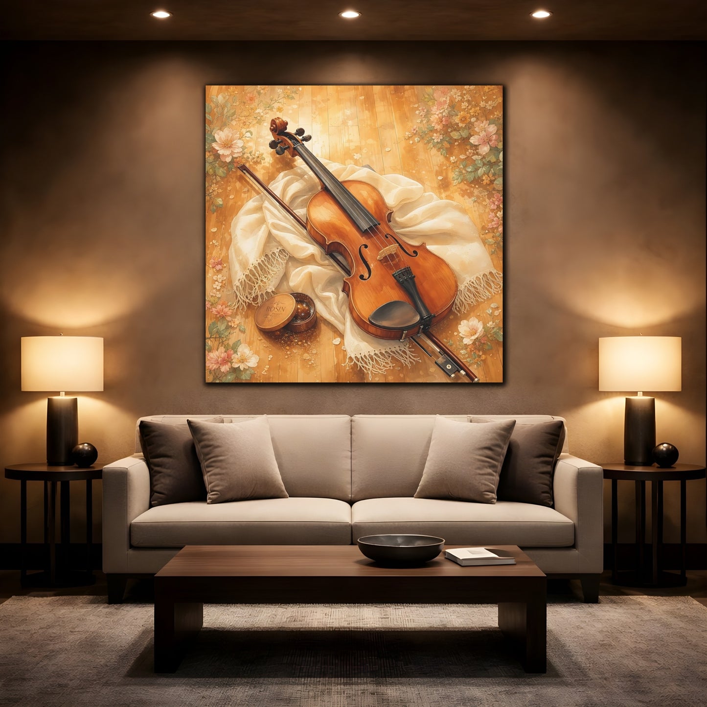 Mockup 2. Sunlit Violin With Flowers shown as canvas print