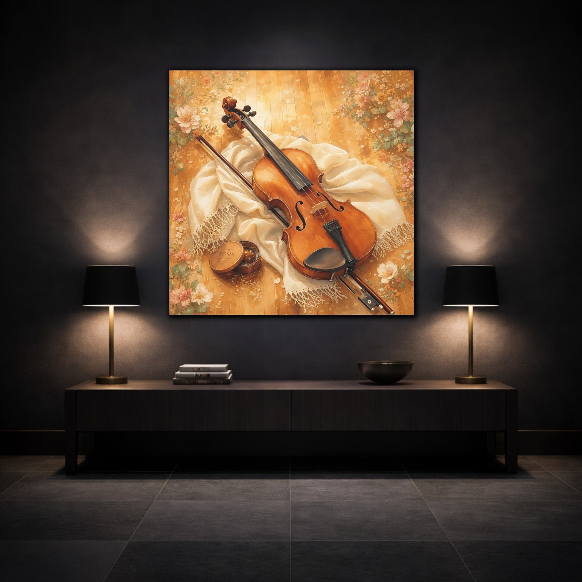 Mockup 3. Sunlit Violin With Flowers shown as canvas print
