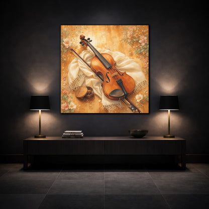 Mockup 3. Sunlit Violin With Flowers shown as canvas print