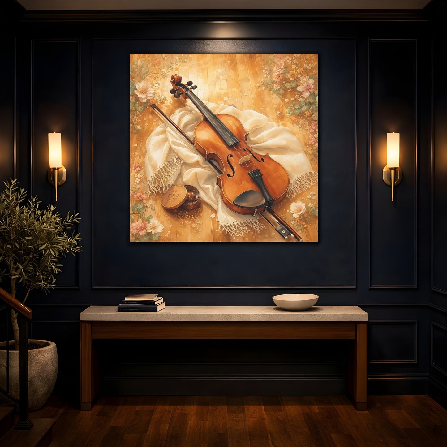 Mockup 4. Sunlit Violin With Flowers shown as canvas print