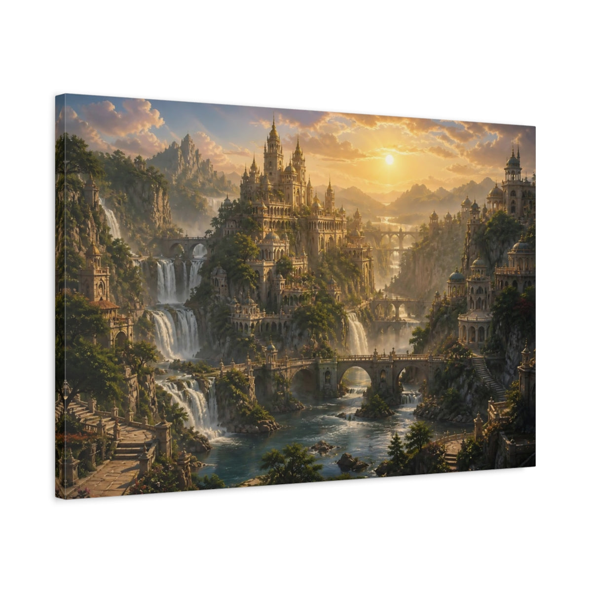 Side Mockup 2. Sunlit Waterfall Kingdom shown as canvas print