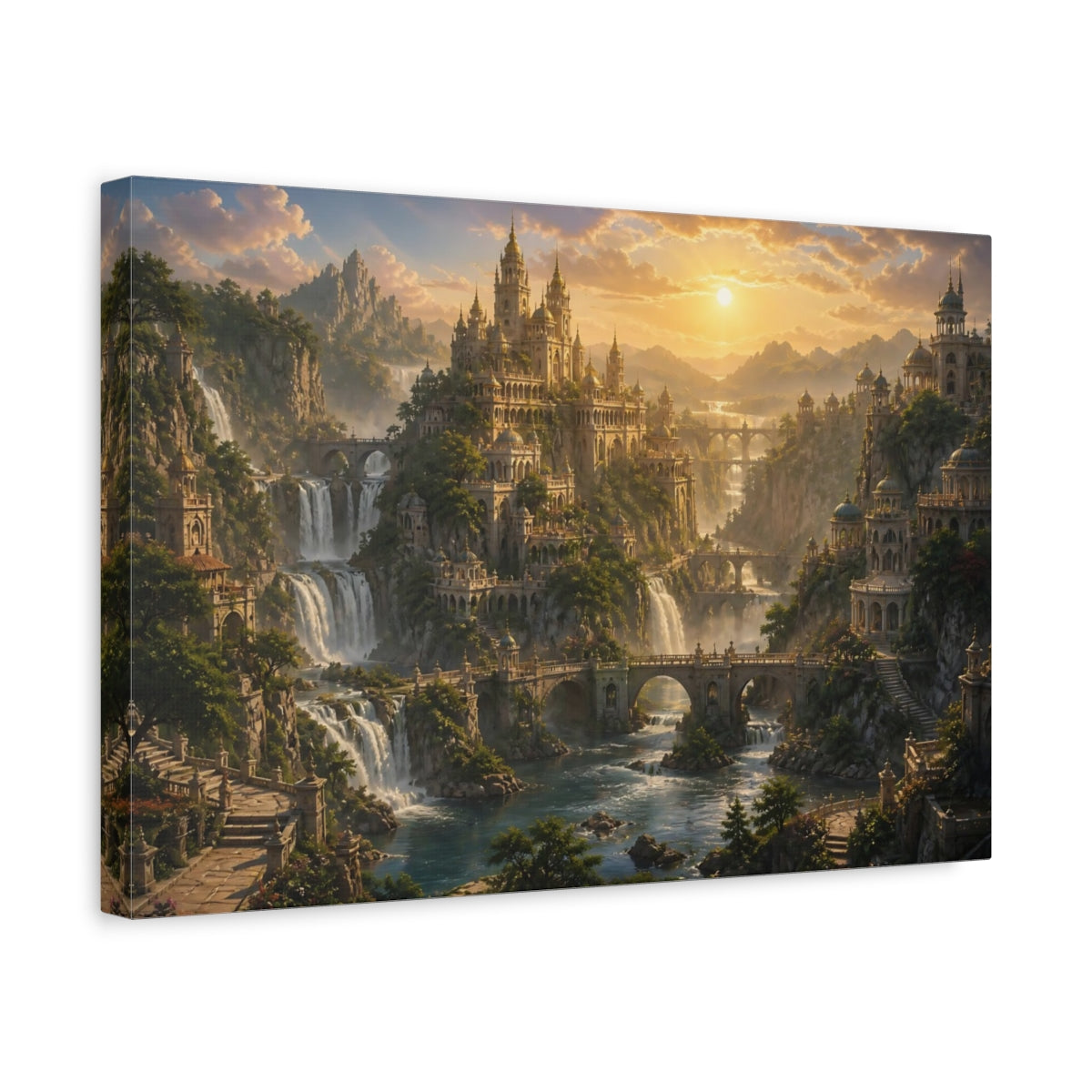 Side Mockup 4. Sunlit Waterfall Kingdom shown as canvas print