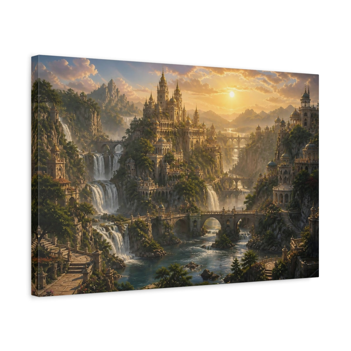 Side Mockup 3. Sunlit Waterfall Kingdom shown as canvas print