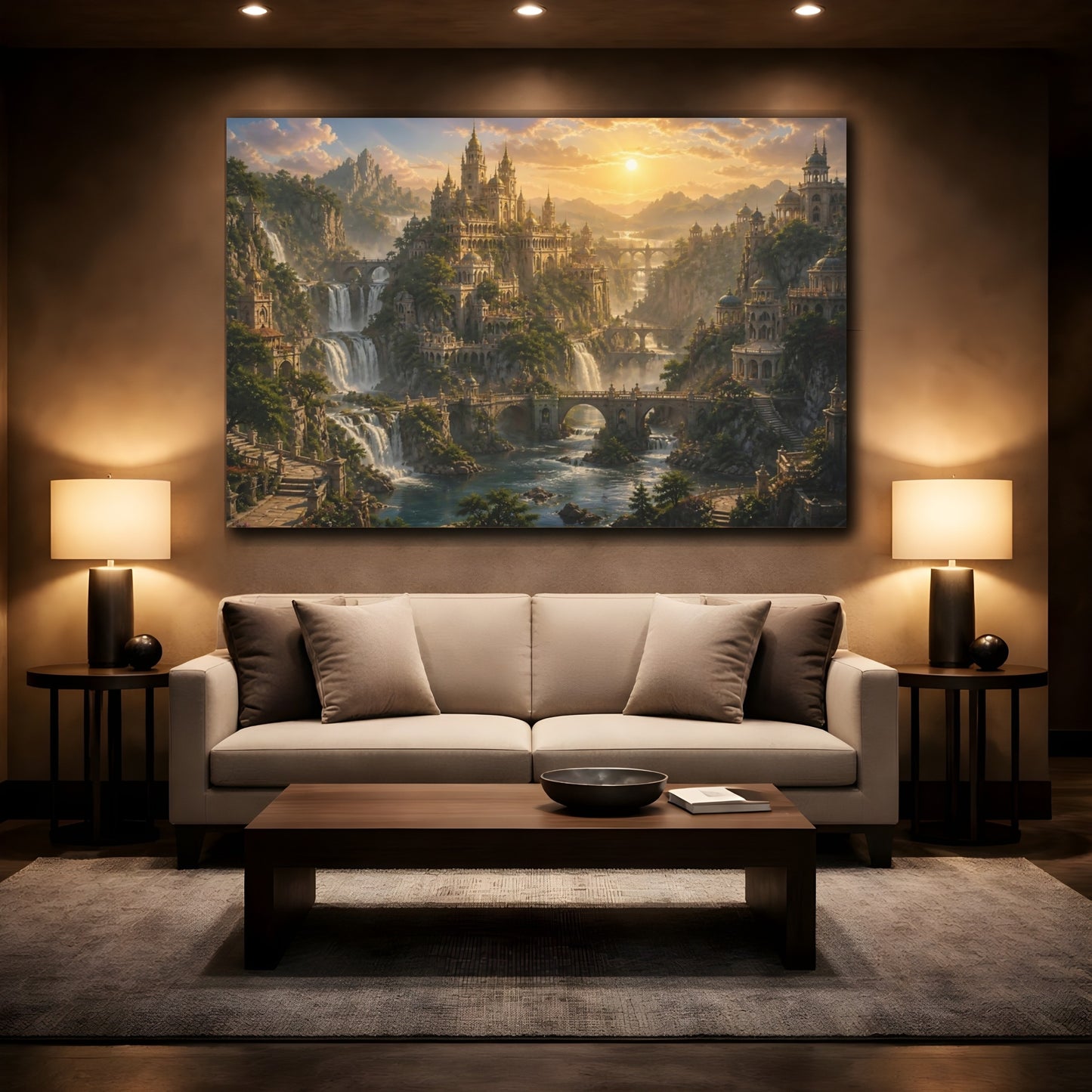 Mockup 2. Sunlit Waterfall Kingdom shown as canvas print