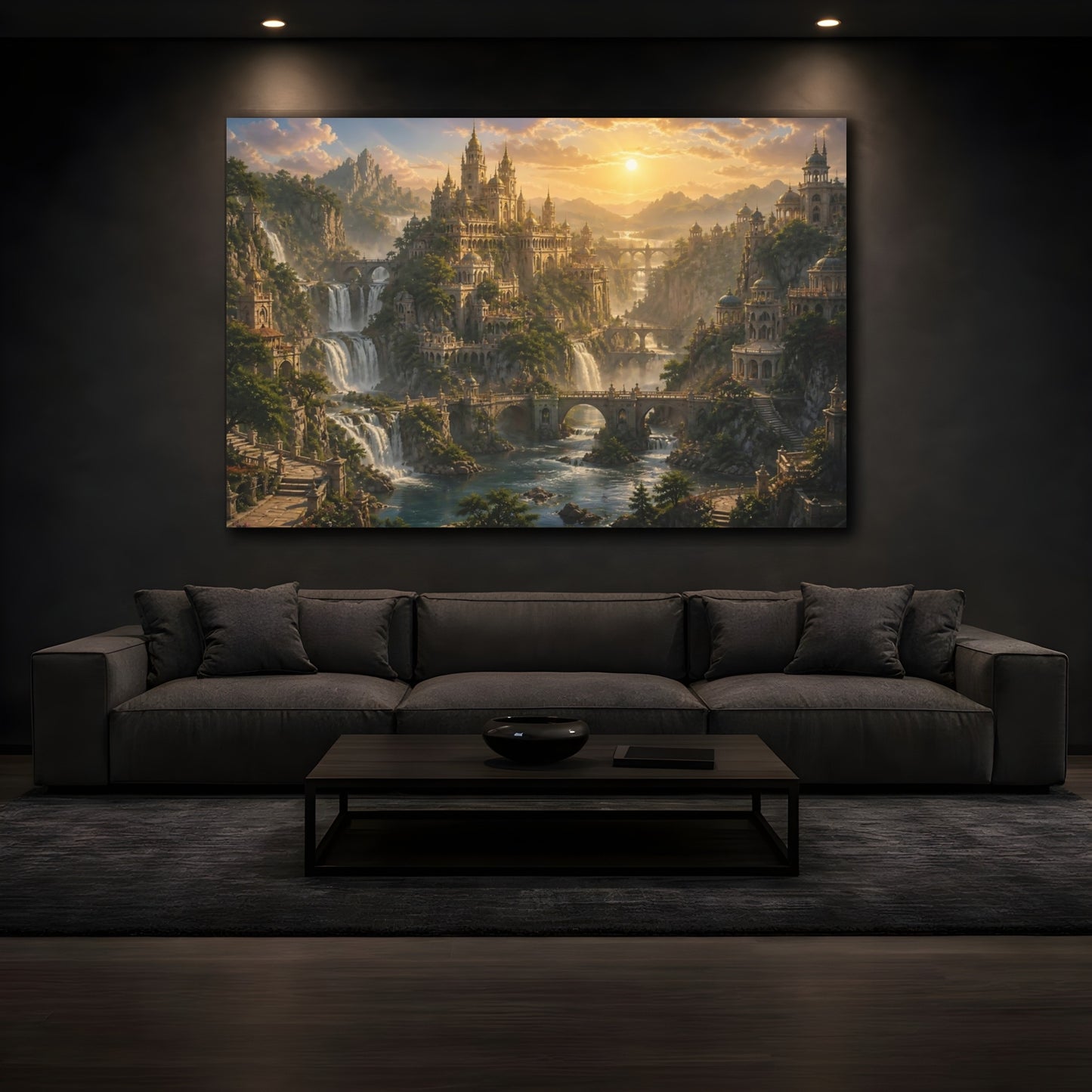 Mockup 3. Sunlit Waterfall Kingdom shown as canvas print