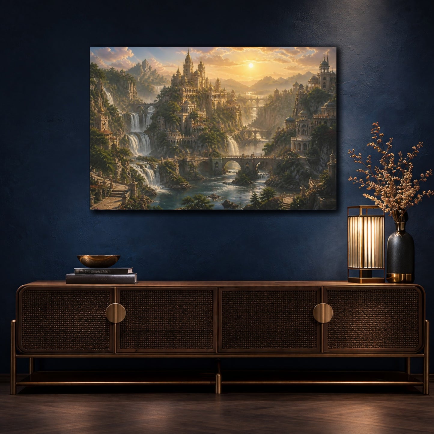Mockup 4. Sunlit Waterfall Kingdom shown as canvas print