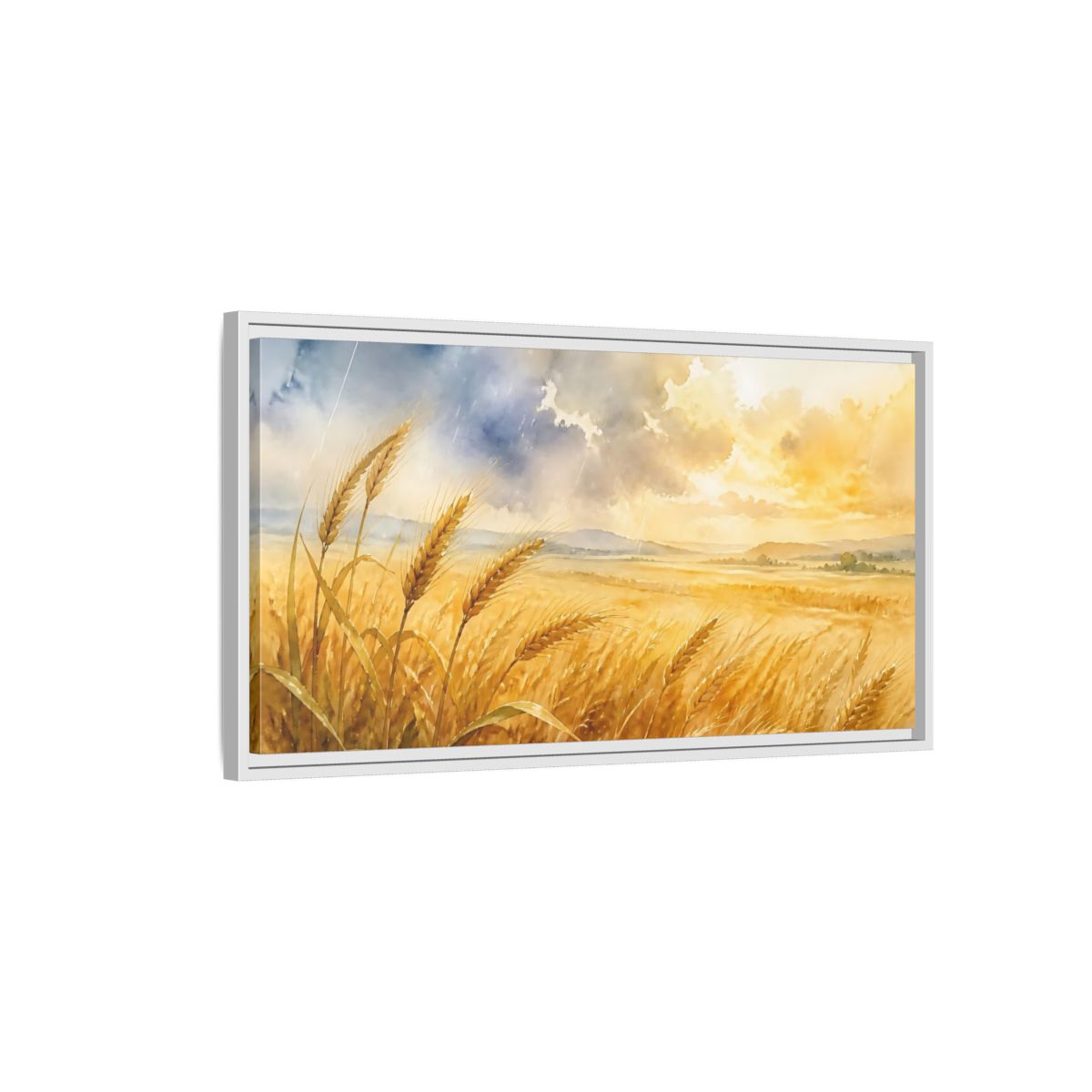 Side Mockup 1. Sunlit Wheat Field shown as framed canvas print