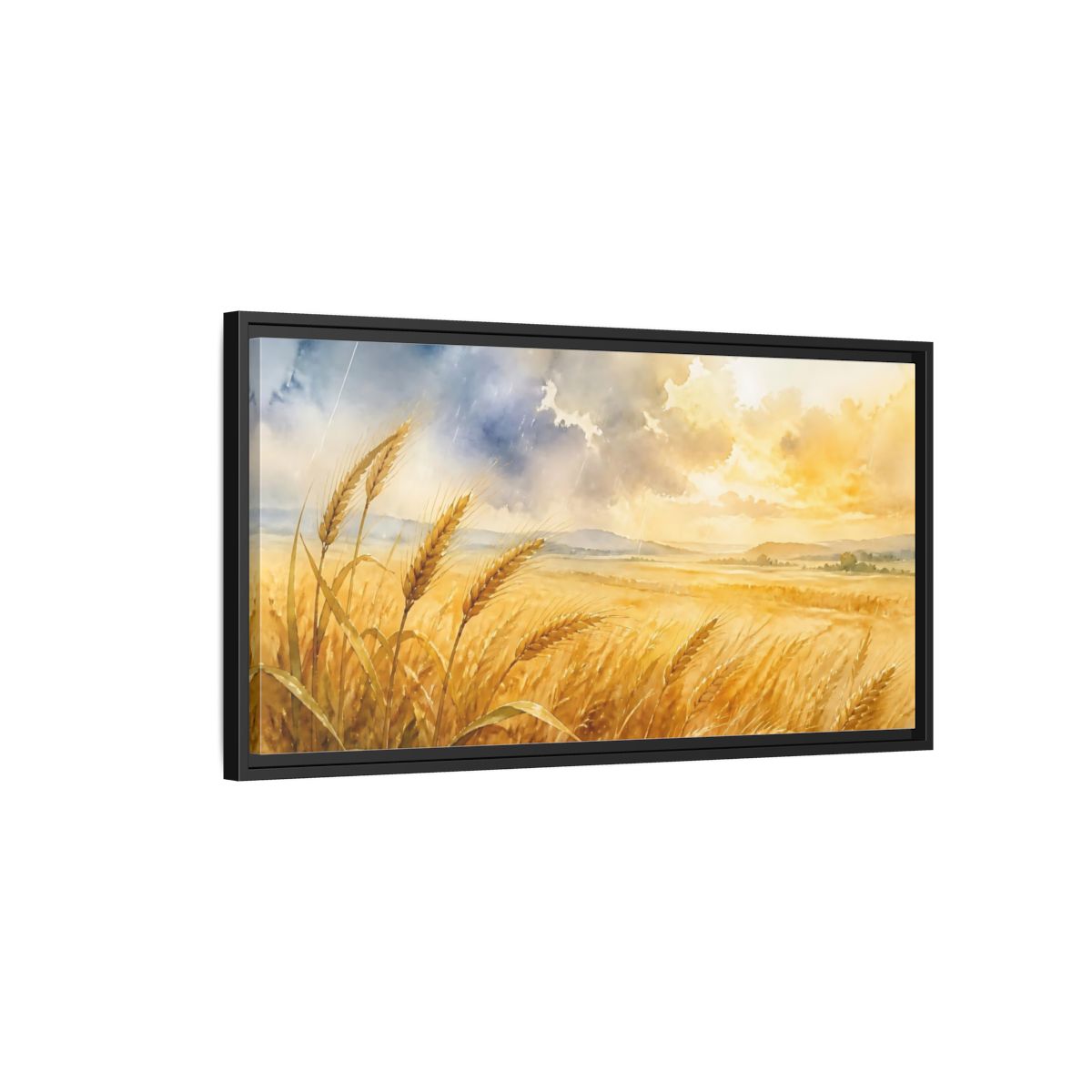 Side Mockup 2. Sunlit Wheat Field shown as framed canvas print