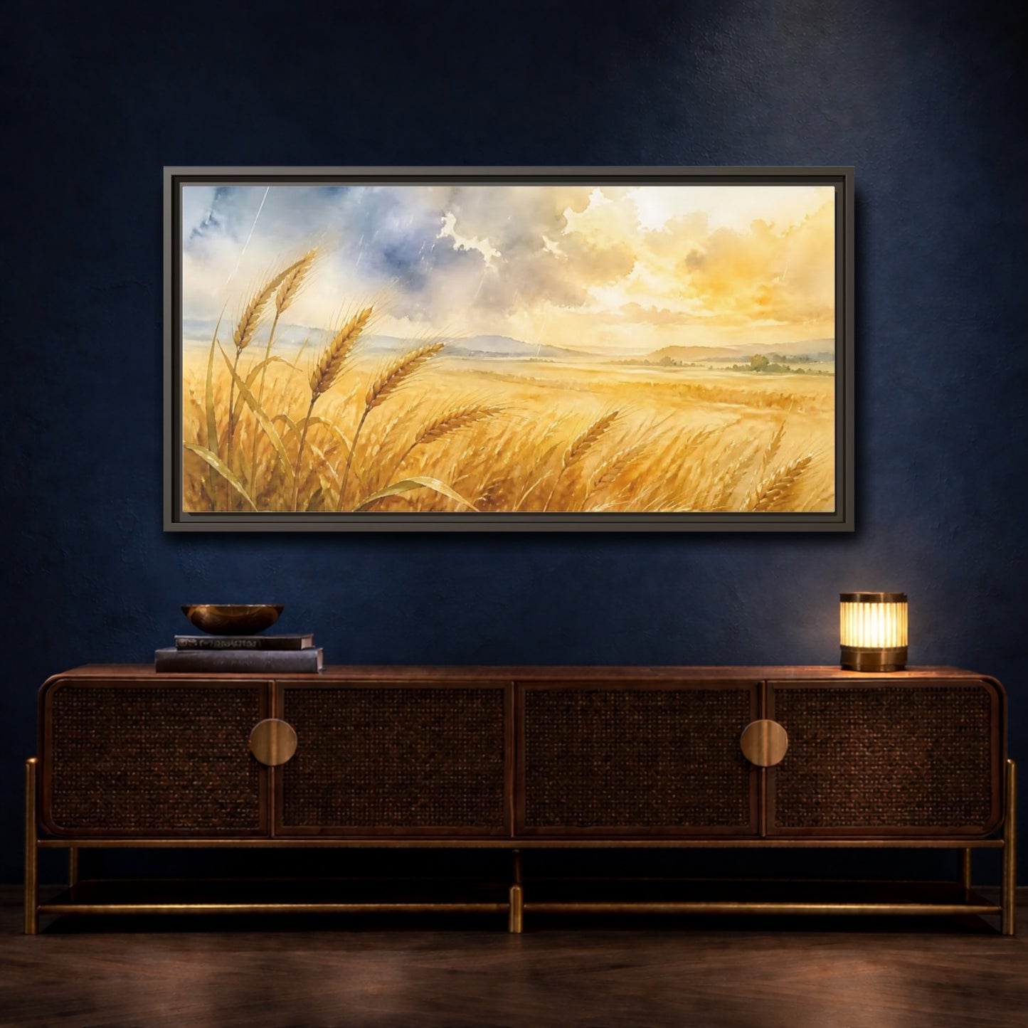 Mockup 4. Sunlit Wheat Field shown as framed canvas print