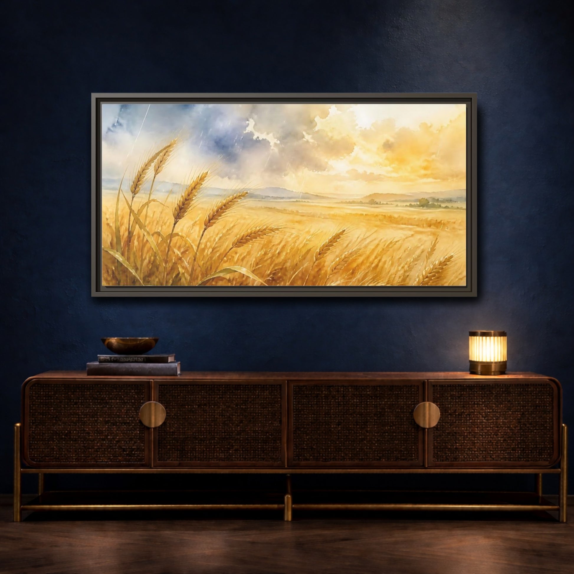Mockup 4. Sunlit Wheat Field shown as framed canvas print