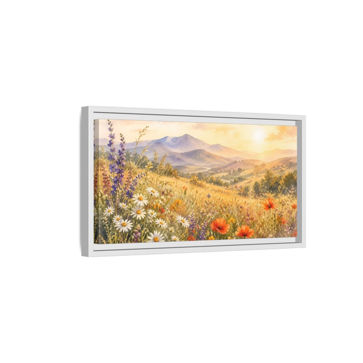 Side Mockup 6. Sunlit Wildflower Meadow shown as framed canvas print