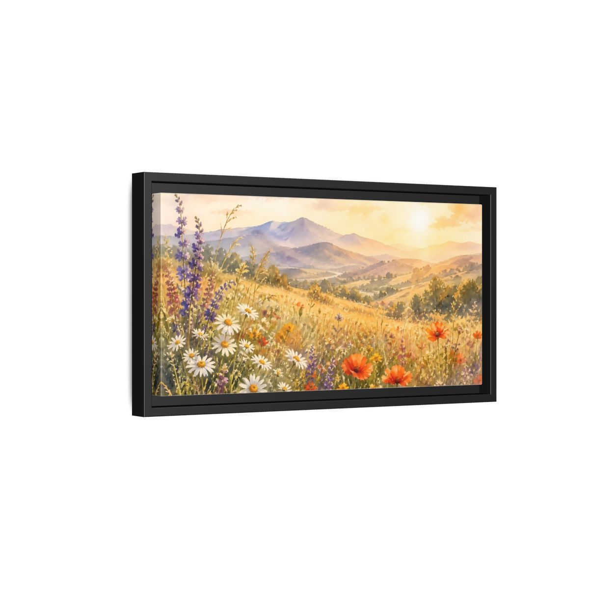 Side Mockup 8. Sunlit Wildflower Meadow shown as framed canvas print