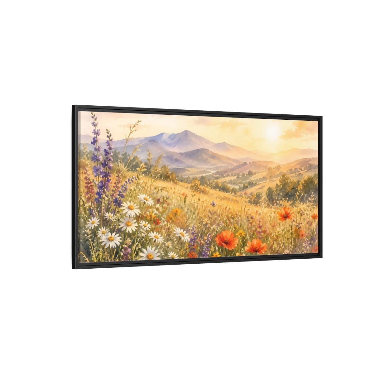 Side Mockup 5. Sunlit Wildflower Meadow shown as framed canvas print