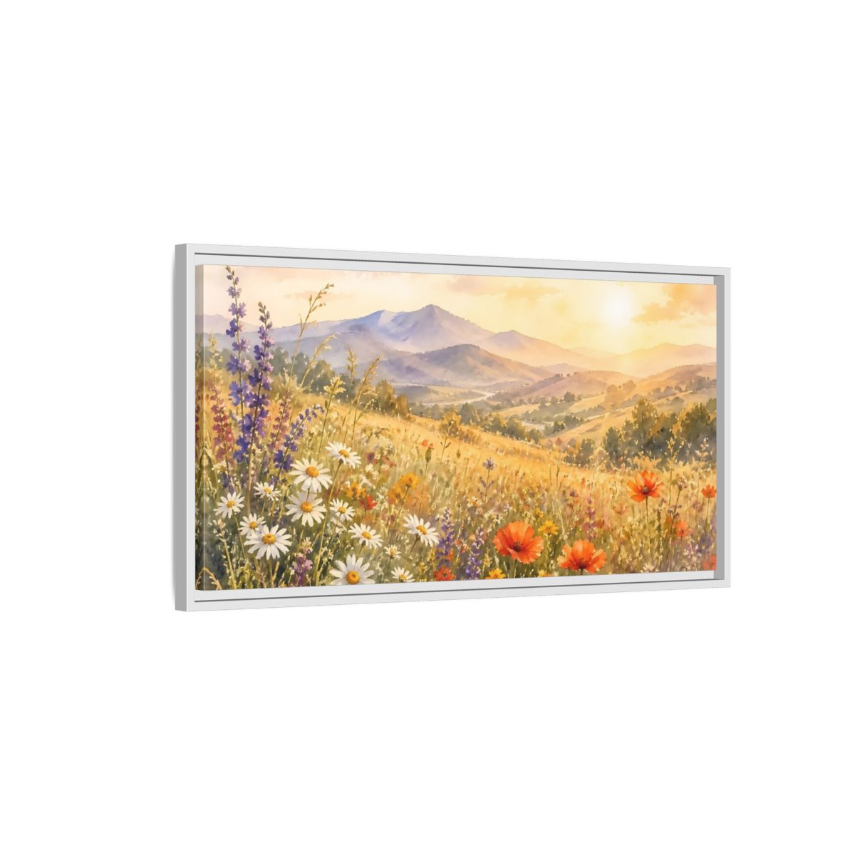 Side Mockup 1. Sunlit Wildflower Meadow shown as framed canvas print