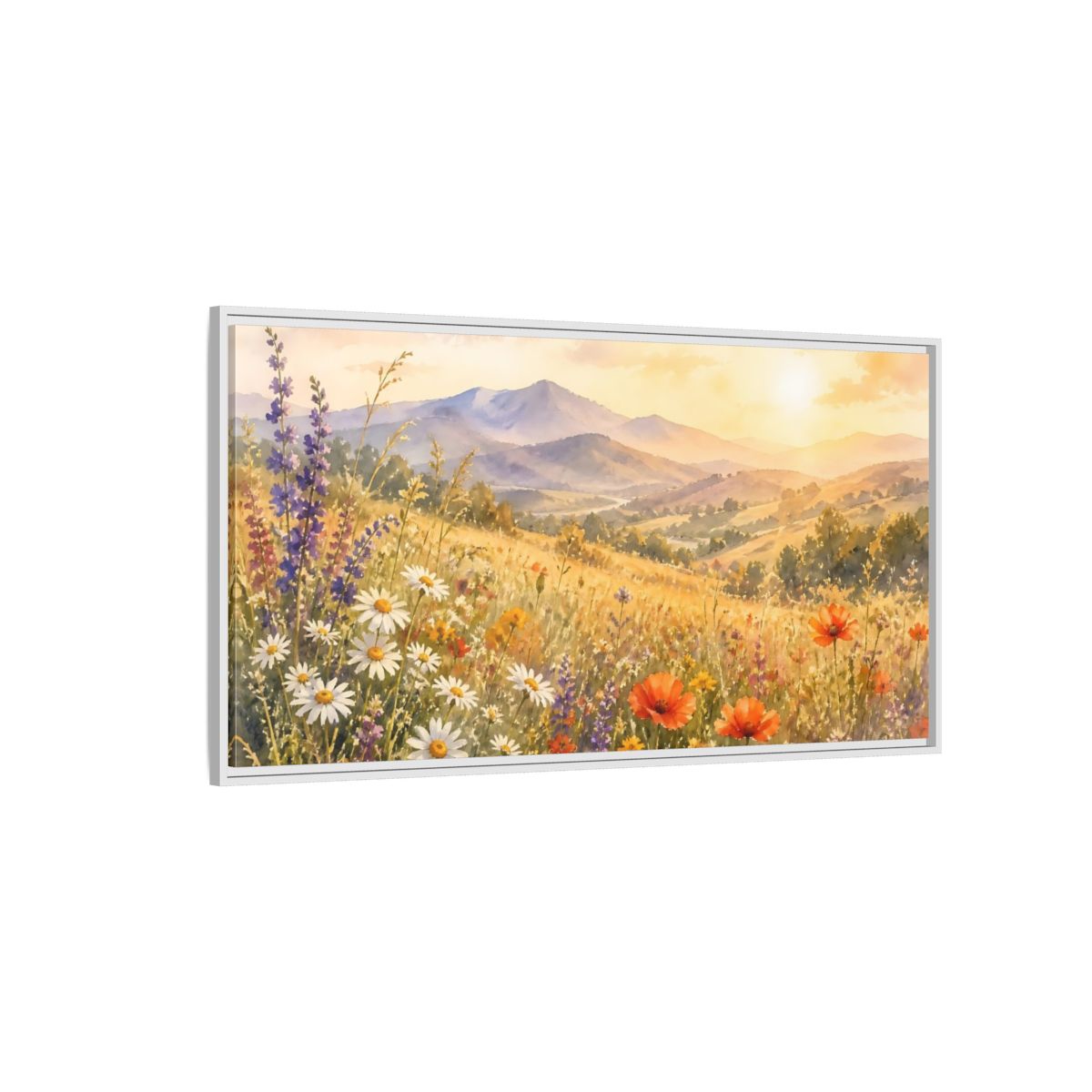 Side Mockup 3. Sunlit Wildflower Meadow shown as framed canvas print