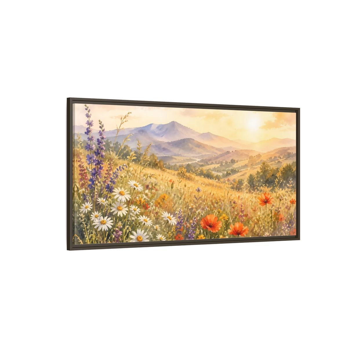 Side Mockup 4. Sunlit Wildflower Meadow shown as framed canvas print