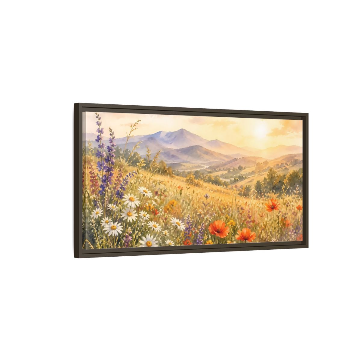 Main Mockup. Sunlit Wildflower Meadow shown as framed canvas print